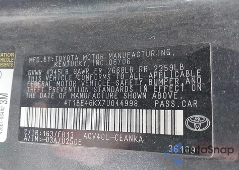 2007 Toyota Camry Le z USA, uszkodzony, nr VIN 4T1BE46KX7U044998